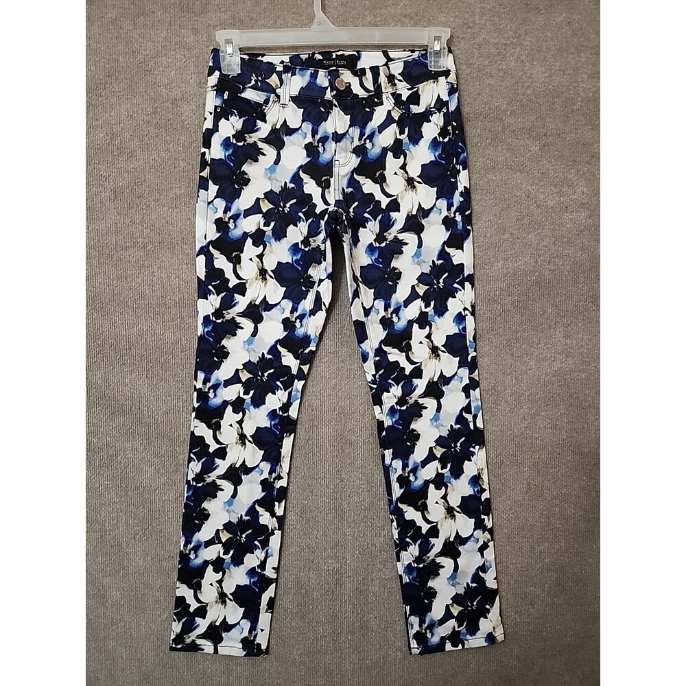 WHBM Blanc Slim Ankle Jeans Womens 2 Sapphire Blue Floral Stretch NEW